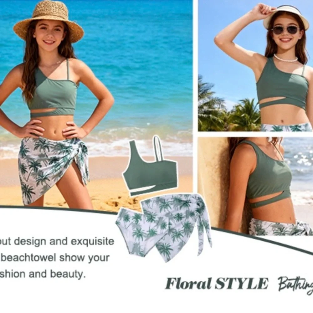 Girls Olive Green Three-Piece Bikini Set with Palm Print Wrap Size 10-12 Years - Picture 1 of 5